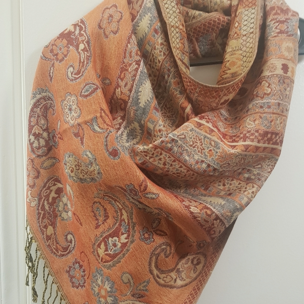 Orange and Silver Paisley Pashmina Scarf